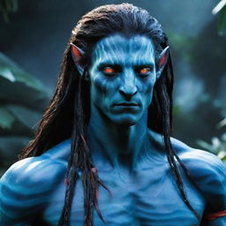 Visualize a Na'vi from Avatar, with extraordinarily long hair cascading down, and intense red eyes standing out against their blue skin.