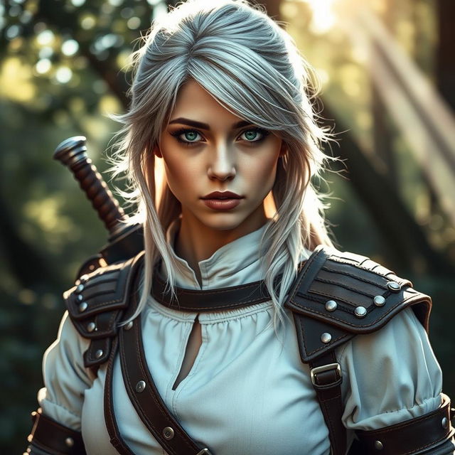 An exquisite cosplay portrayal of Ciri from The Witcher series, featuring a talented cosplayer with intense green eyes and ash blonde hair