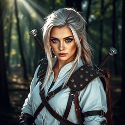 An exquisite cosplay portrayal of Ciri from The Witcher series, featuring a talented cosplayer with intense green eyes and ash blonde hair