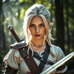 An exquisite cosplay portrayal of Ciri from The Witcher series, featuring a talented cosplayer with intense green eyes and ash blonde hair