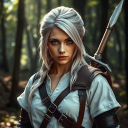 An exquisite cosplay portrayal of Ciri from The Witcher series, featuring a talented cosplayer with intense green eyes and ash blonde hair