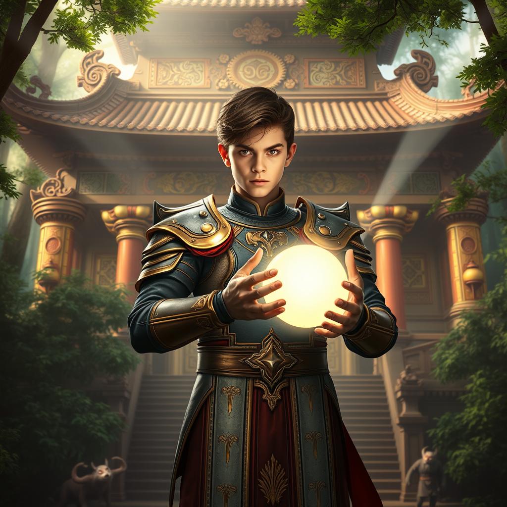 A young man standing valiantly in front of an ancient eastern temple, holding a glowing orb of light in his hands