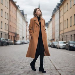 Illustrate a Stockholm girl's aesthetic which mirrors the city's blend of vintage charm and modern minimalism. Include elements like a chic coat, trendy boots, and minimalistic accessories