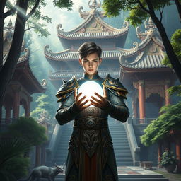 A young man standing valiantly in front of an ancient eastern temple, holding a glowing orb of light in his hands