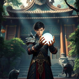 A young man standing valiantly in front of an ancient eastern temple, holding a glowing orb of light in his hands