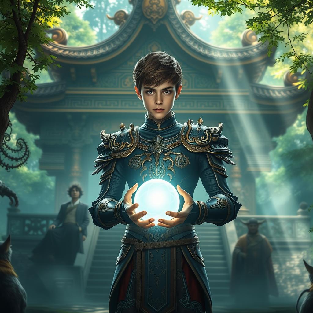 A young man standing valiantly in front of an ancient eastern temple, holding a glowing orb of light in his hands