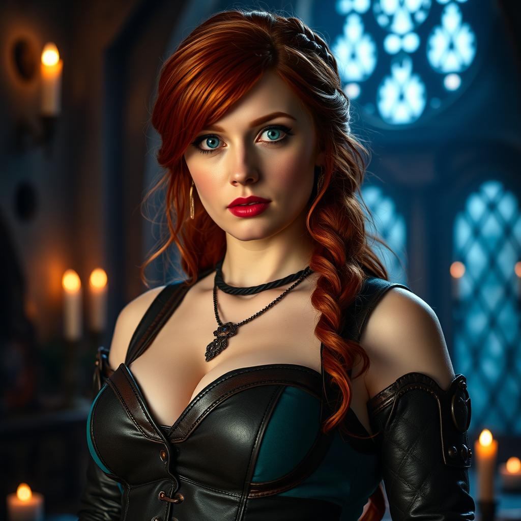 An alluring cosplay of Triss Merigold from The Witcher series, portrayed by a skilled cosplayer with striking auburn hair and captivating blue eyes