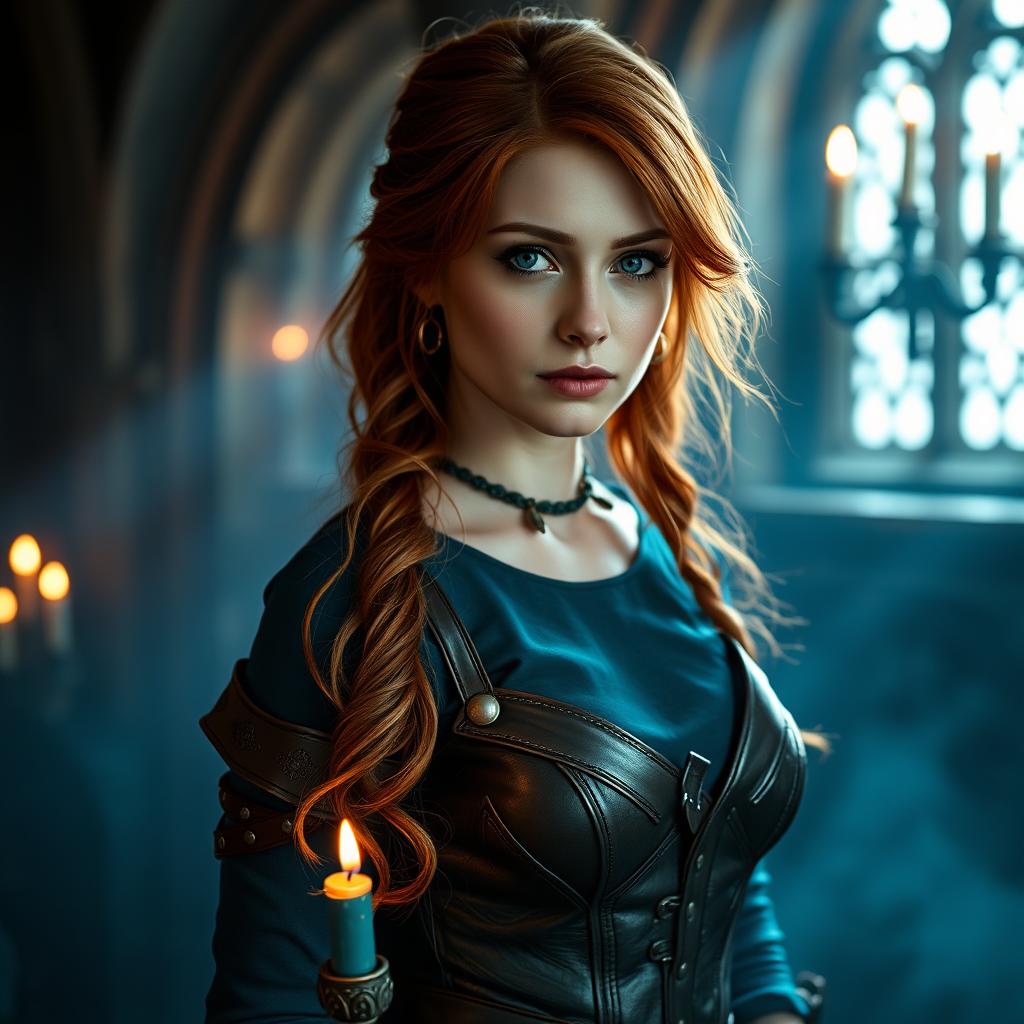 An alluring cosplay of Triss Merigold from The Witcher series, portrayed by a skilled cosplayer with striking auburn hair and captivating blue eyes