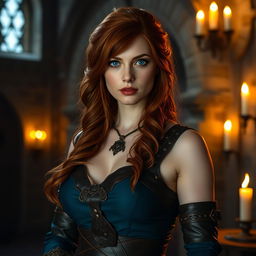 An alluring cosplay of Triss Merigold from The Witcher series, portrayed by a skilled cosplayer with striking auburn hair and captivating blue eyes