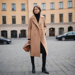 Illustrate a Stockholm girl's aesthetic which mirrors the city's blend of vintage charm and modern minimalism. Include elements like a chic coat, trendy boots, and minimalistic accessories