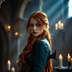 An alluring cosplay of Triss Merigold from The Witcher series, portrayed by a skilled cosplayer with striking auburn hair and captivating blue eyes