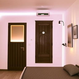 An aesthetic interior scene featuring a wooden-framed classic entrance door, a simple styled bed, ascetic car posters on a wall with vintage white paint. A wooden window boosts the ascetic theme, lit by LED lights. An AC unit adorns the side wall.