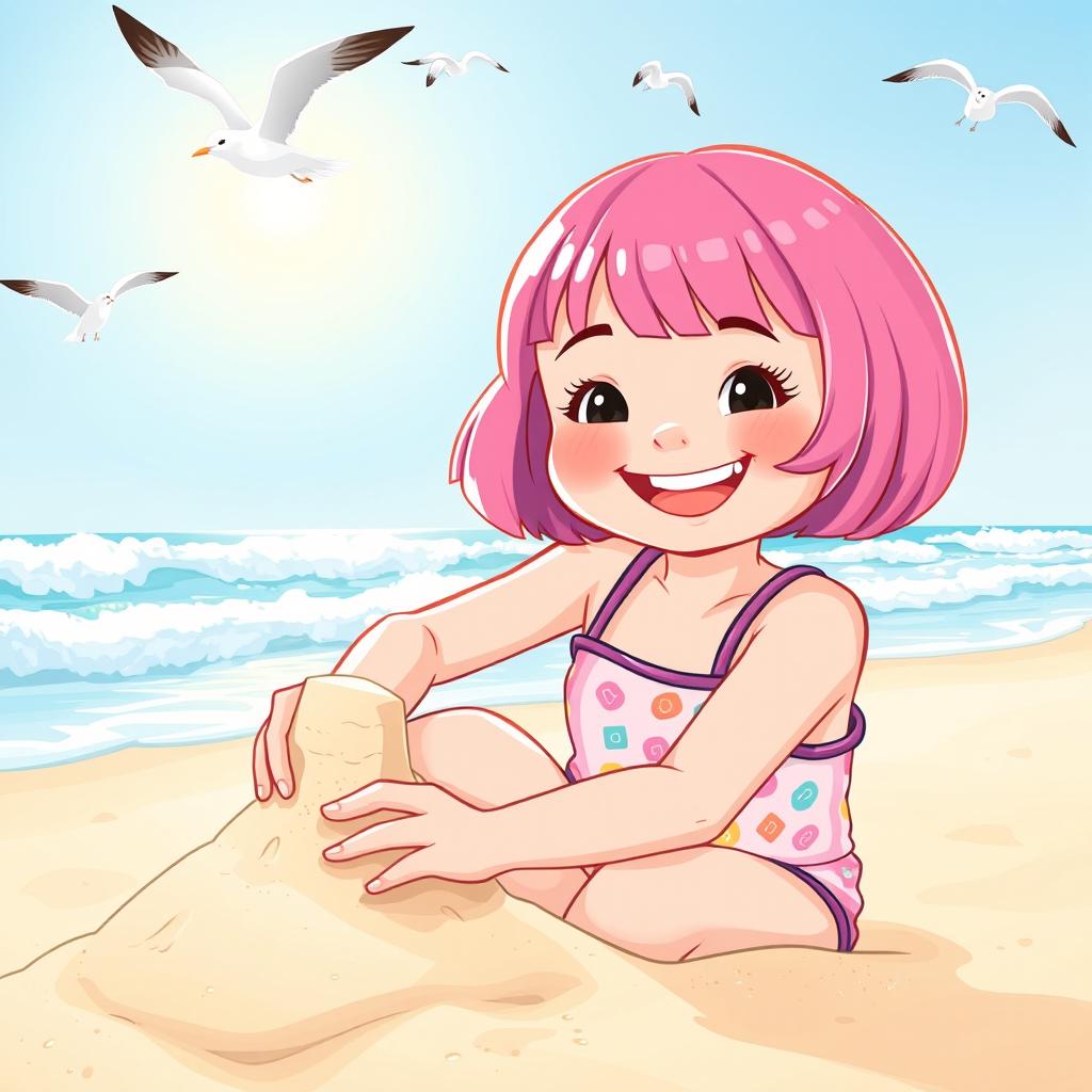 A charming and joyful scene with a young girl enjoying a sunny day at the beach