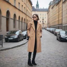 Illustrate a Stockholm girl's aesthetic which mirrors the city's blend of vintage charm and modern minimalism. Include elements like a chic coat, trendy boots, and minimalistic accessories