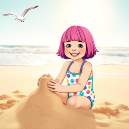 A charming and joyful scene with a young girl enjoying a sunny day at the beach