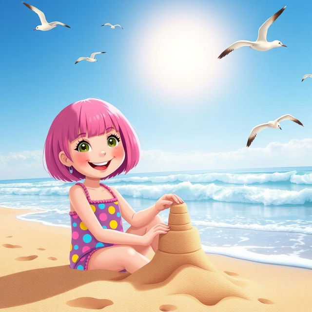 A charming and joyful scene with a young girl enjoying a sunny day at the beach