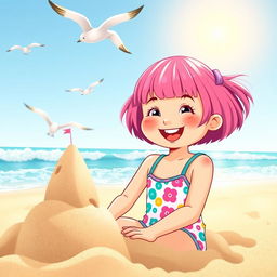 A charming and joyful scene with a young girl enjoying a sunny day at the beach