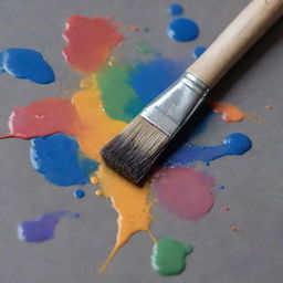 A solitary paintbrush resting on a heavily used artist's palette, encircled by vibrant splashes and smudges of various hues.