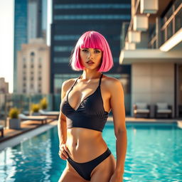 A stylish young woman with a vibrant pink bob haircut, confidently posed in a fashionable swimsuit