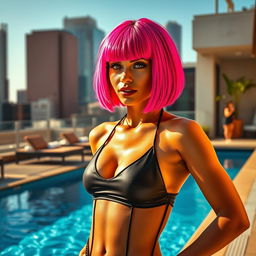 A stylish young woman with a vibrant pink bob haircut, confidently posed in a fashionable swimsuit