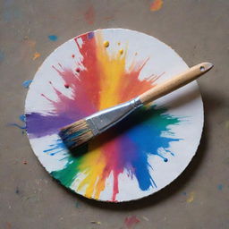 A solitary paintbrush resting on a heavily used artist's palette, encircled by vibrant splashes and smudges of various hues.