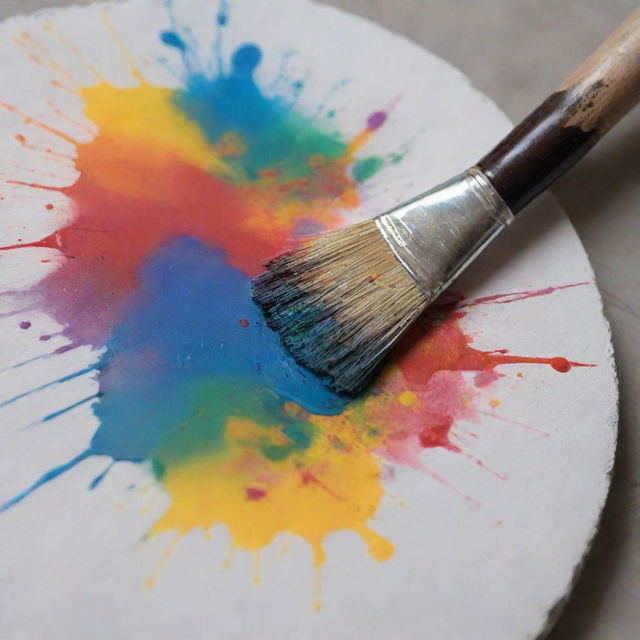 A solitary paintbrush resting on a heavily used artist's palette, encircled by vibrant splashes and smudges of various hues.