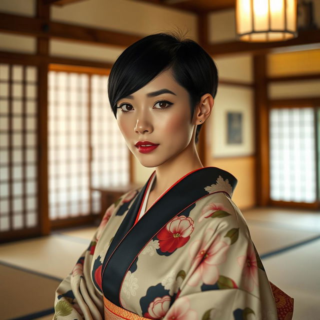 A strikingly attractive Japanese woman with a sleek black haircut, elegantly dressed in a beautifully patterned kimono