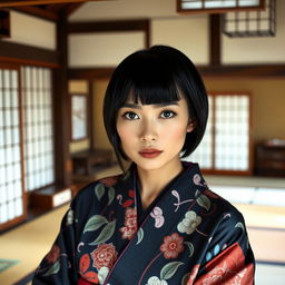 A strikingly attractive Japanese woman with a sleek black haircut, elegantly dressed in a beautifully patterned kimono