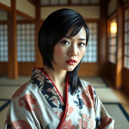 A strikingly attractive Japanese woman with a sleek black haircut, elegantly dressed in a beautifully patterned kimono