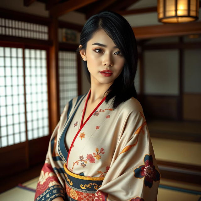 A stunningly sexy Japanese woman with a sleek, glossy black haircut, elegantly draped in an exquisite kimono, showcasing traditional patterns and rich colors