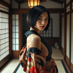 A stunningly sexy Japanese woman with a sleek, glossy black haircut, elegantly draped in an exquisite kimono, showcasing traditional patterns and rich colors