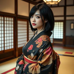 A stunningly sexy Japanese woman with a sleek, glossy black haircut, elegantly draped in an exquisite kimono, showcasing traditional patterns and rich colors