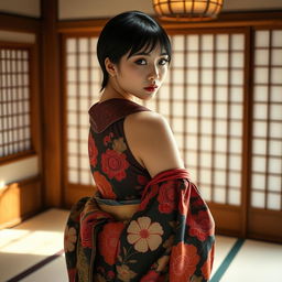 A stunningly sexy Japanese woman with a sleek, glossy black haircut, elegantly draped in an exquisite kimono, showcasing traditional patterns and rich colors