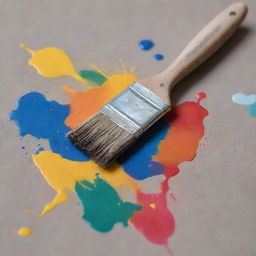 A solitary paintbrush resting on a heavily used artist's palette, encircled by vibrant splashes and smudges of various hues.