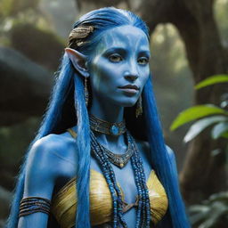 Visualize a poised and elegant 15-year-old female Na'vi. She has extraordinarily long, blue hair adorned with intricate beads.