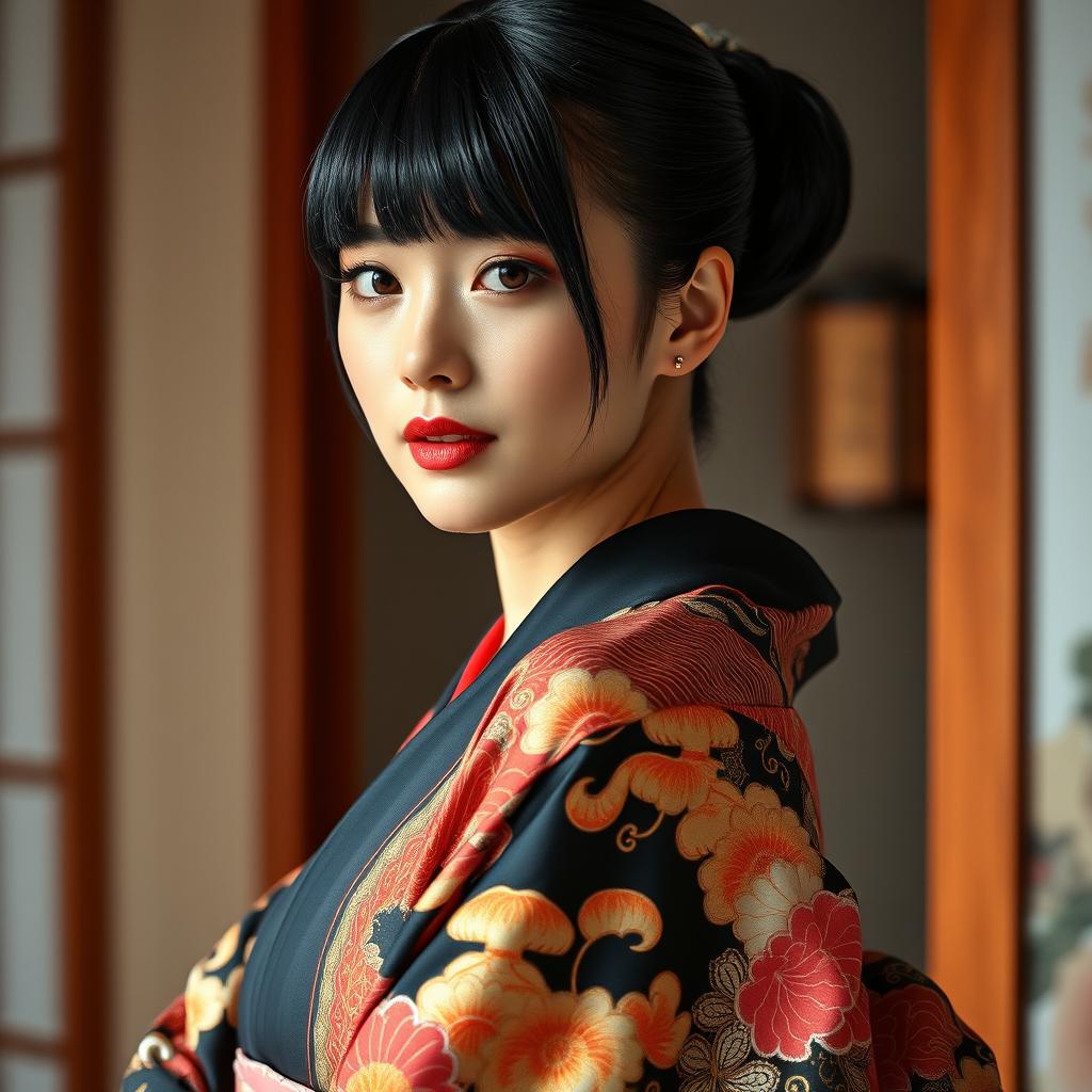 A sexy Japanese woman with a sleek, glossy black haircut, wearing an exquisite kimono that features intricate traditional patterns and vibrant colors