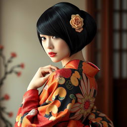 A sexy Japanese woman with a sleek, glossy black haircut, wearing an exquisite kimono that features intricate traditional patterns and vibrant colors