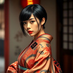 A sexy Japanese woman with a sleek, glossy black haircut, wearing an exquisite kimono that features intricate traditional patterns and vibrant colors