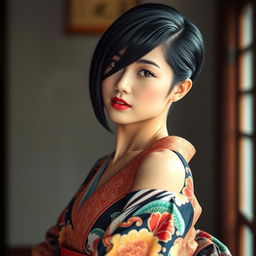 A sexy Japanese woman with a sleek, glossy black haircut, wearing an exquisite kimono that features intricate traditional patterns and vibrant colors