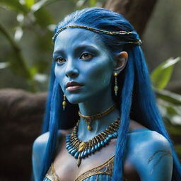 Visualize a poised and elegant 15-year-old female Na'vi. She has extraordinarily long, blue hair adorned with intricate beads.