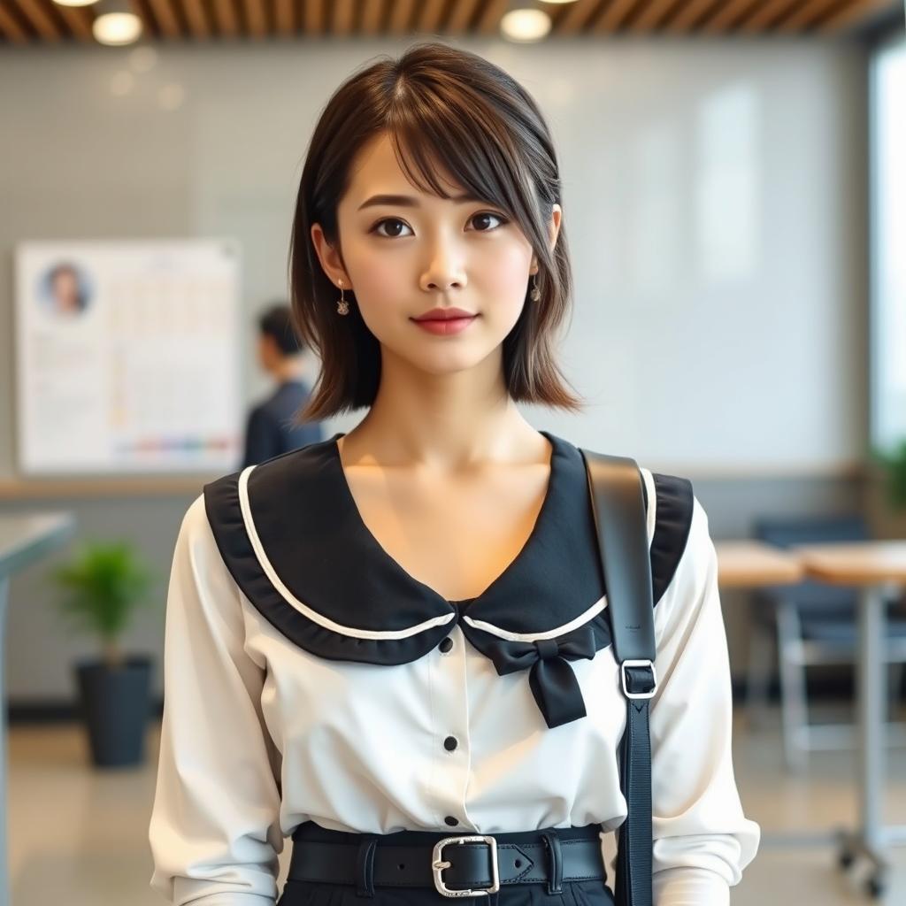 A beautiful Japanese woman with a sleek and stylish haircut, wearing a chic, contemporary outfit inspired by school fashion, but with mature and fashionable adaptations