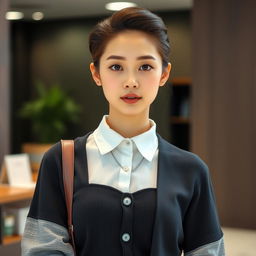 A beautiful Japanese woman with a sleek and stylish haircut, wearing a chic, contemporary outfit inspired by school fashion, but with mature and fashionable adaptations