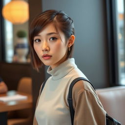 A beautiful Japanese woman with a sleek and stylish haircut, wearing a chic, contemporary outfit inspired by school fashion, but with mature and fashionable adaptations