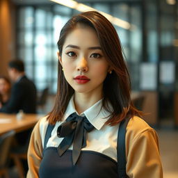 A beautiful Japanese woman with a sleek and stylish haircut, wearing a chic, contemporary outfit inspired by school fashion, but with mature and fashionable adaptations