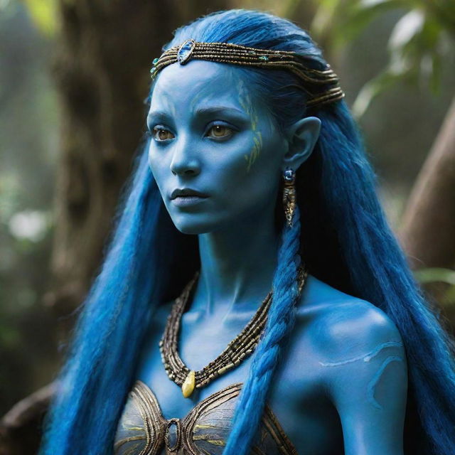 Visualize a poised and elegant 15-year-old female Na'vi. She has extraordinarily long, blue hair adorned with intricate beads.