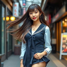 A stylish and attractive Japanese woman with long, flowing hair, wearing a modernized school-inspired outfit with elegant twists and contemporary flair