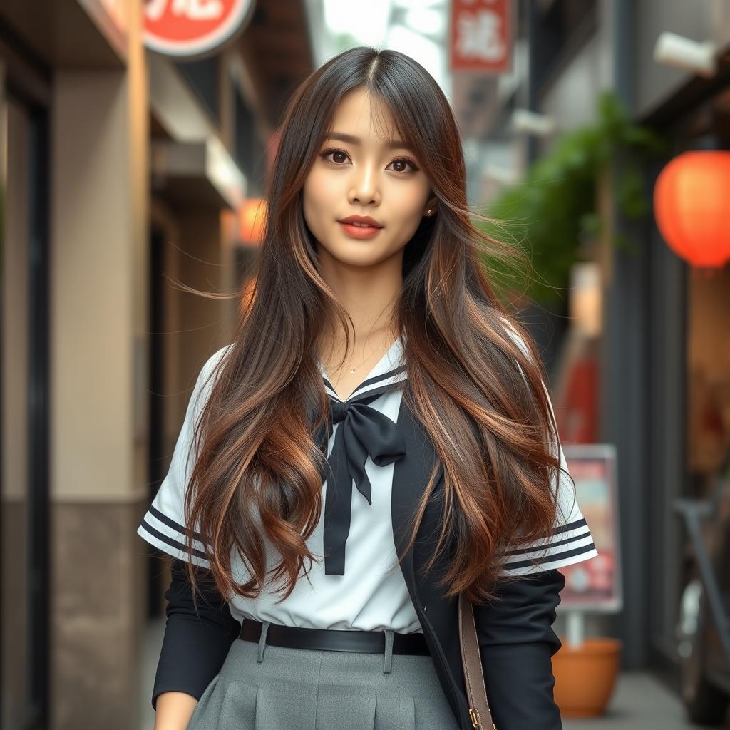 A stylish and attractive Japanese woman with long, flowing hair, wearing a modernized school-inspired outfit with elegant twists and contemporary flair