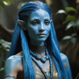 Visualize a poised and elegant 15-year-old female Na'vi. She has extraordinarily long, blue hair adorned with intricate beads.