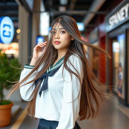 A stylish and attractive Japanese woman with long, flowing hair, wearing a modernized school-inspired outfit with elegant twists and contemporary flair