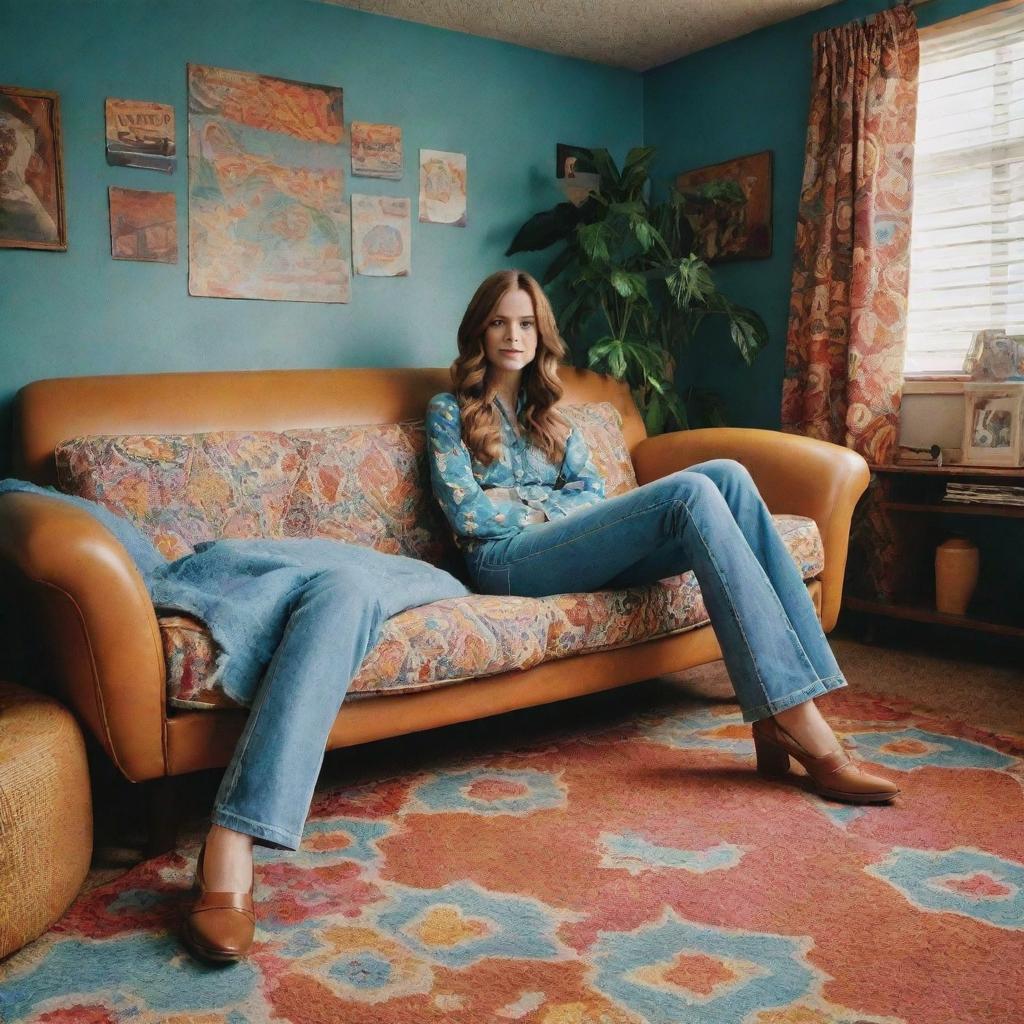 A 1970s-inspired aesthetic featuring classic cars, bell-bottom jeans, psychedelic patterns, and vintage home decor.